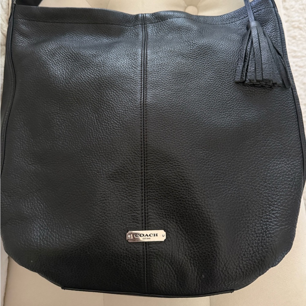 Coach Black Leather Hobo Bag with Tassel Bag Charm & Free Card Case Wallet